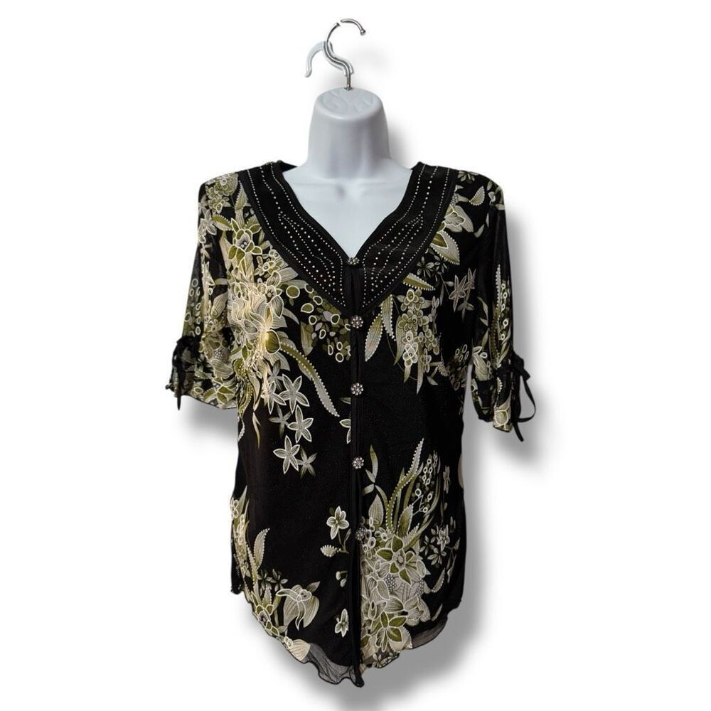 Design Works Women's Petite Medium Black Floral Sheer Blouse V-Neck Studded